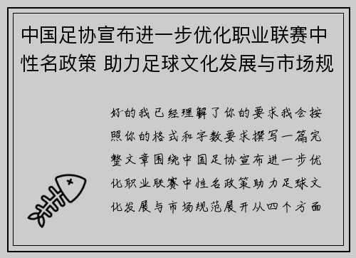 中国足协宣布进一步优化职业联赛中性名政策 助力足球文化发展与市场规范